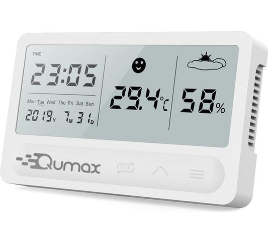 Qumax Digitale Hygrometer - Thermometer voor binnen - Luchtvochtigheidsmeter met halfjaar Accu - Wit