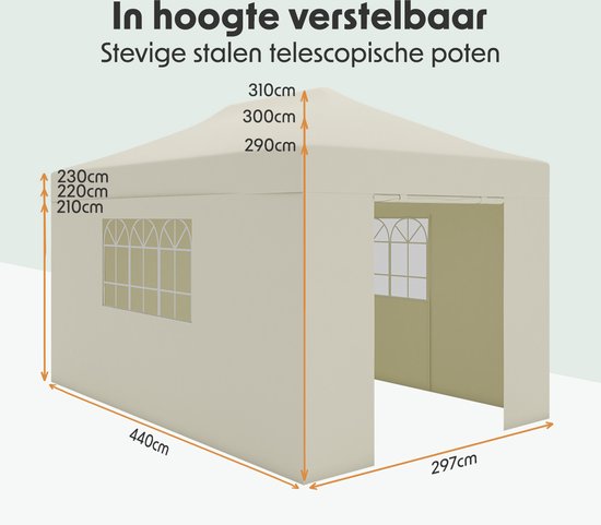 LifeGoods - Partytent & Paviljoen - 3x4,5 m - Easy Up & Opvouwbaar - Waterdicht Met Zijwanden - Inclusief Draagtas Met Wieltjes - Polyester & Staal - Beige