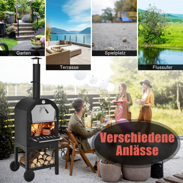 COAST Houtgestookte Outdoor Pizzaoven – Inclusief Pizzasteen en Schuif - Max. 350 ℃ - Zwart - 59 x 46 x 162 cm