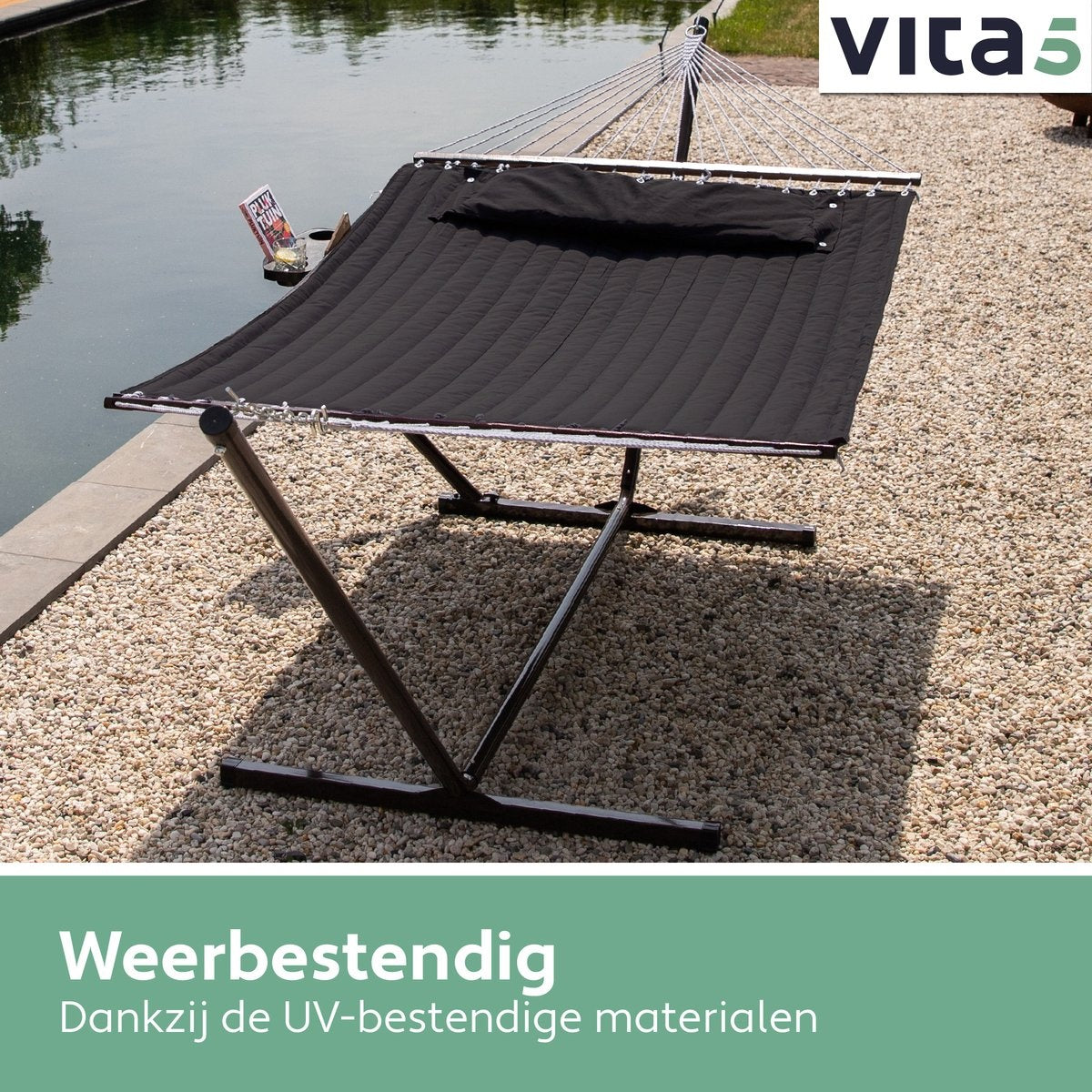 Vita5 Hangmat met Standaard en Spreidstok – 2 Persoons - Incl. Bekerhouder en Afneembaar kussen – UV-bestendig – Zwart