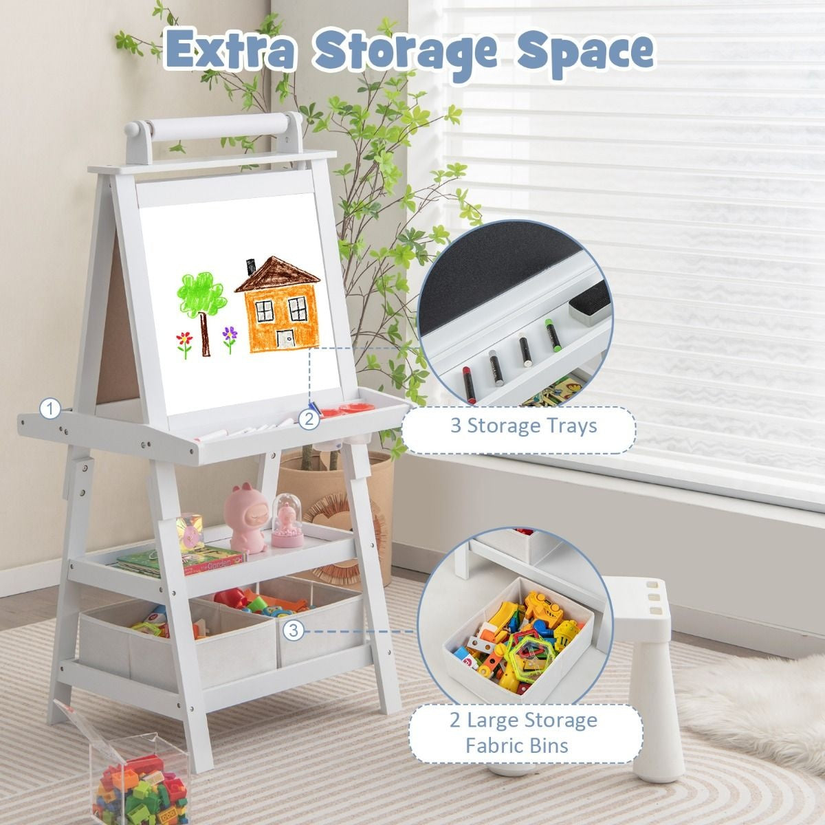 Coast 3 in 1 Kinderschildersezel - Whiteboard & Krijtbord - incl. Magneten 2 Legplanken - Beige - 59 x 50 x 117 cm