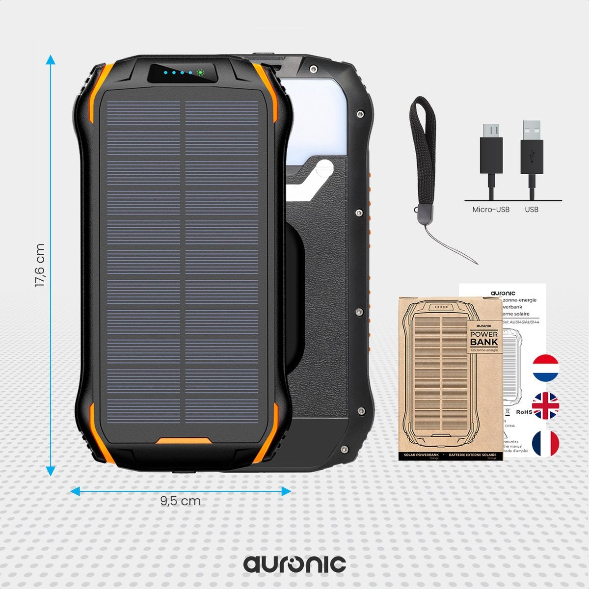 LifeGoods Powerbank - 26.800 mAh - Zonne-energie - Draadloos - Slimme Zaklamp - Stof- en Waterdicht - IK02 - Oranje/Zwart