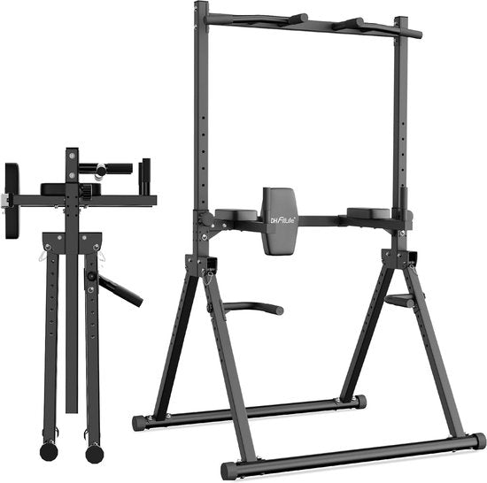 DH FitLife Opvouwbare Power Tower Dip Station tot 210 kg | Vrijstaande Optrekstang met Dipbars en Rugtrainer | Krachtstation Krachttoren