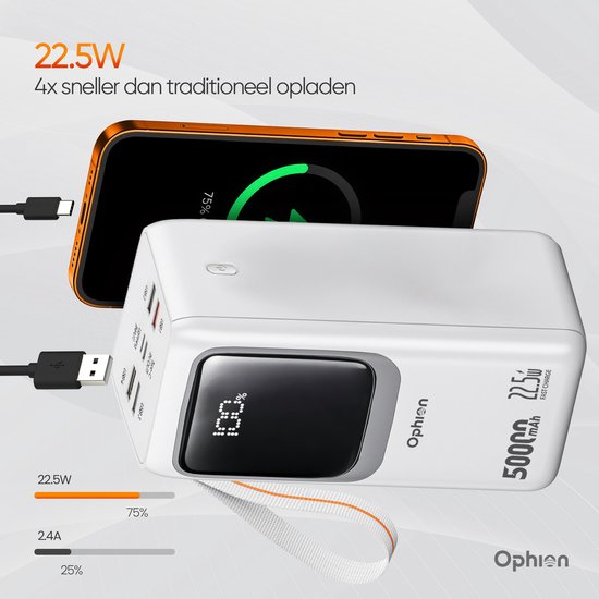 Ophion® Powerbank PRO 50.000 mAh – 7 Oplaadpoorten – Quick charge - Snellader 22.5 W voor USB-C, USB-A, Micro-USB - Inclusief Kabel – Noodpakket - Wit