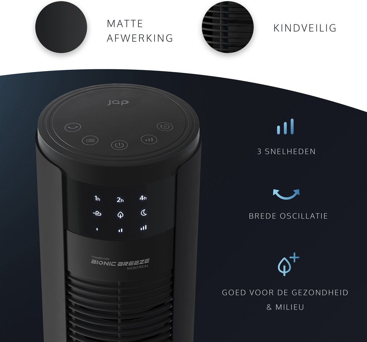 Stille Torenventilator 46dB – 6 Standen – Timer & Afstandsbediening – Mat Zwart – JAP Montreal