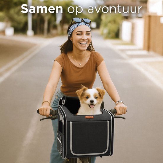 TrevoPet® Hondenfietsmand Voorop - 4-in-1 Fietsmand Hond, Draagtas, Rugzak & Autostoel - Geschikt voor Alle Fietsen - Voor Honden tot 8 kg - Zwart