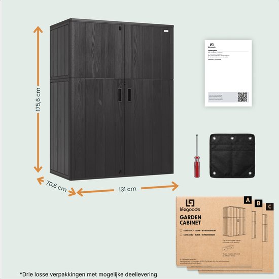 LifeGoods Tuinkast Verticaal - 1340L - Opbergkast - Waterdicht & UV-bestendig - Tuinbox - Zwart