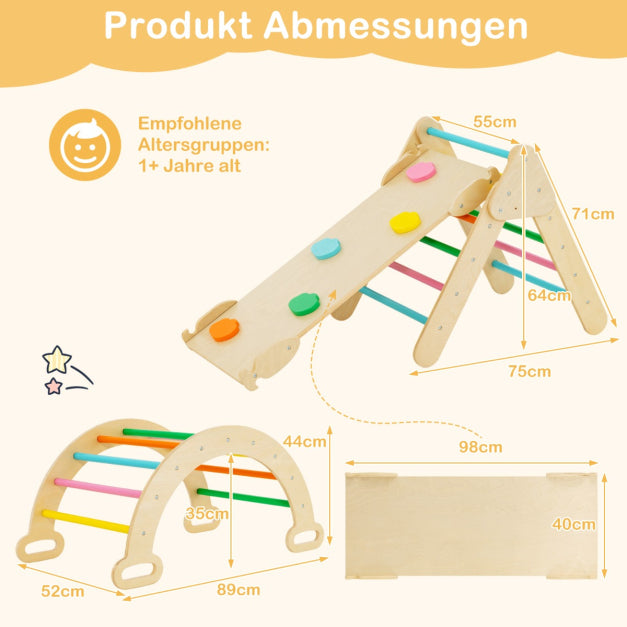 Coast 4-in-1 Houten Klimrek Set - Klimdriehoek, Klimboog, Dubbelzijdige Glijbaan/Klimhelling, 50 kg Belastbaar - Diverse Afmetingen - Beukenhout - Kleurrijk