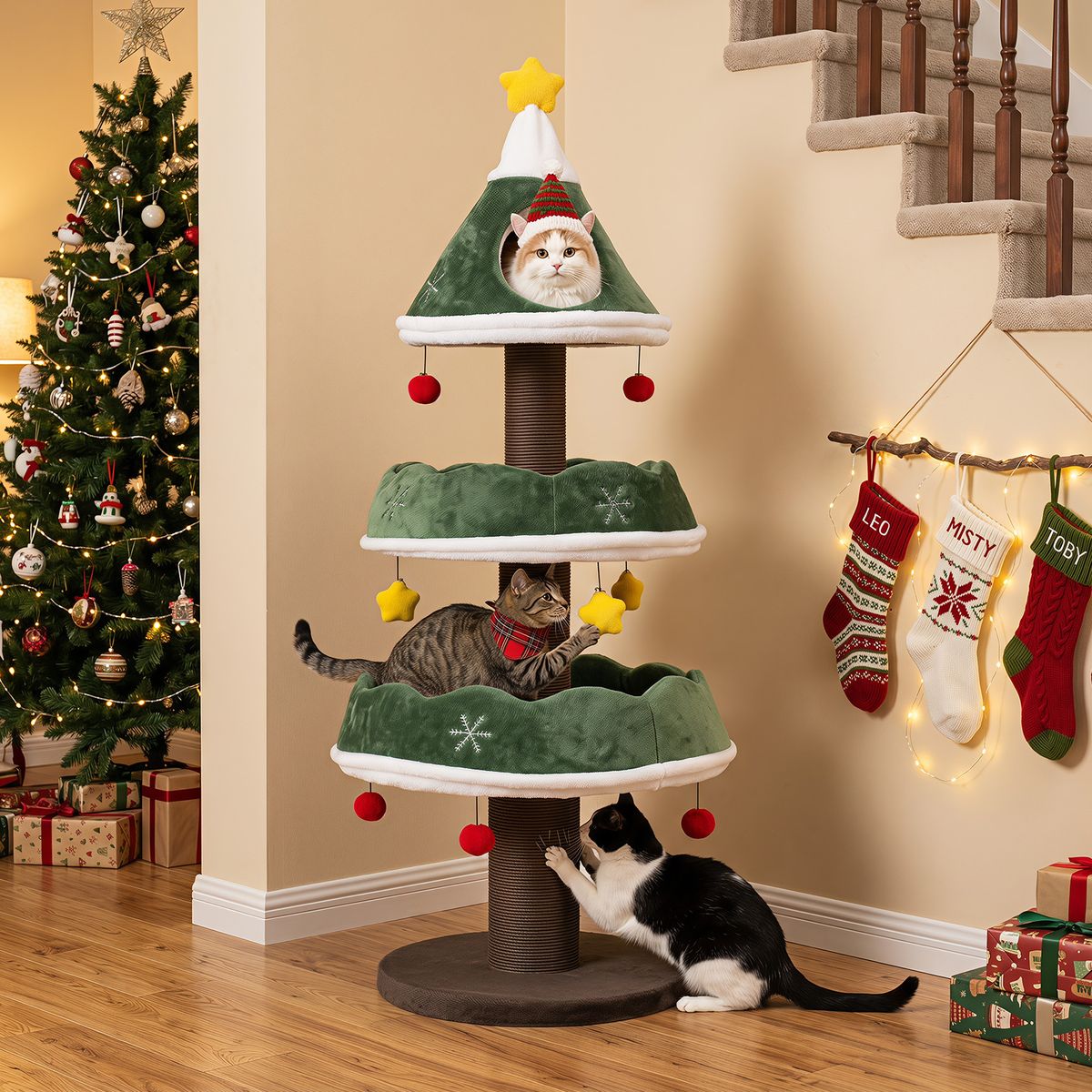 Coast Krabpaal Kattenboom - kerstboomdesign - met bovenste grot en hangende ballen - groen 143 cm