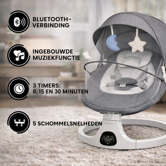Oemmie Elektrische wipstoel - Baby swing - Schommelstoel baby - Baby wipstoel - Inclusief bluetoothfunctie en afstandsbediening - 5 Schommelstanden - Grijs