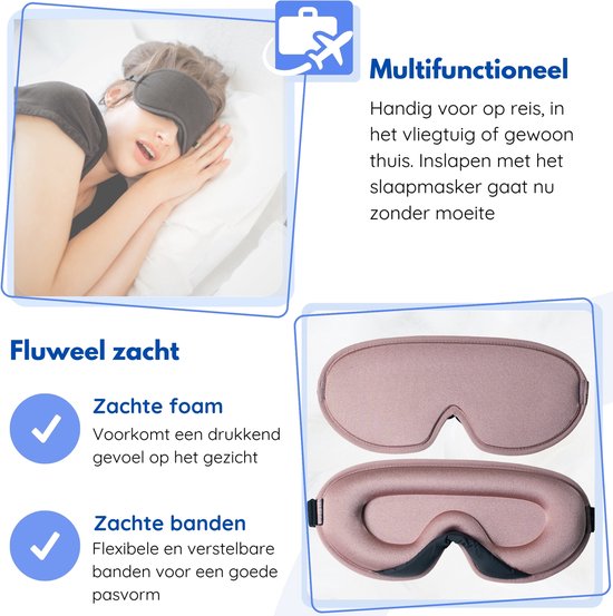 Hilvard - Slaapmasker - Oogmasker - Inclusief Slaap oordopjes - 100% Verduisterend - Verstelbaar - Ergonomisch - Roze
