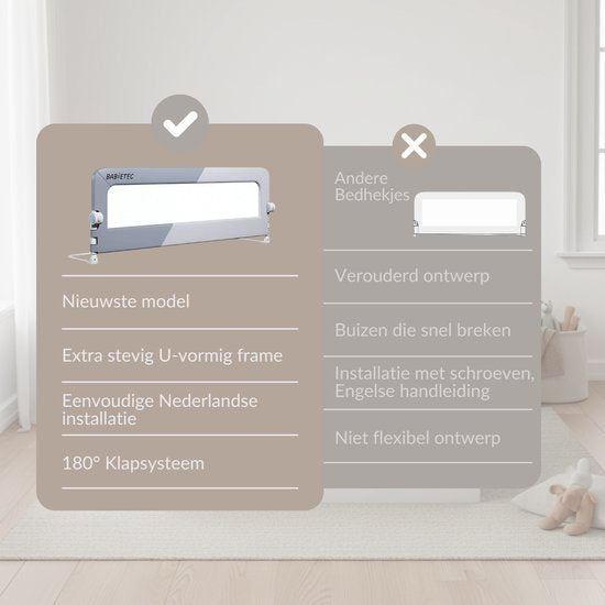 Babietec Bedhekje Verstelbaar Inklapbaar – Extra Lang 150cm – Bedrail – Boxspring – Uitvalbescherming – Bedrek - Donkergrijs