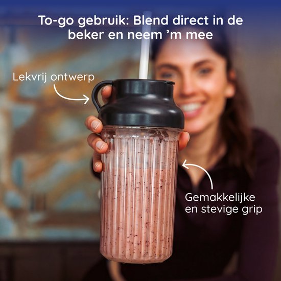 Safecourt Kitchen PureBlend - 1000W Smoothie maker - BPA vrij - inclusief to-go drinkdeksel + rietje- Premium Tritan blendbekers -Zwart