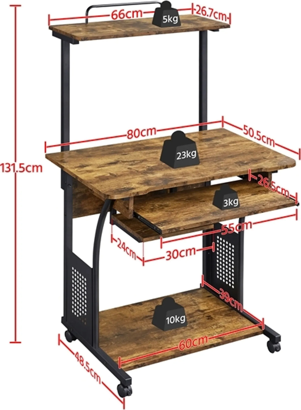 Yaheetech Computerbureau met opbergplanken en wielen - 80,5 x 60 x 132 cm - Rustiek bruin