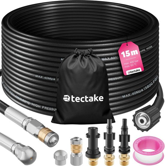 tectake® Rioolslang - Leidingreinigingsslang met 2x leidingreinigingsmondstuk - Afvoerreiniger voor hogedrukreinigers - Leidingreiniging voor afvoeren - Afvoerleiding - Rioolreiniger - Toiletreiniger - 15 meter