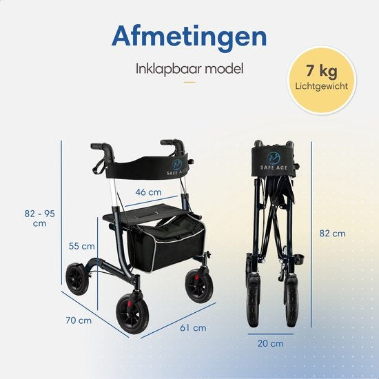 SafeLife Rollator – Verstelbaar, Opvouwbaar & Met Zitfunctie – 137 kg draagvermogen – 70 x 61 x 95 cm – Zwart