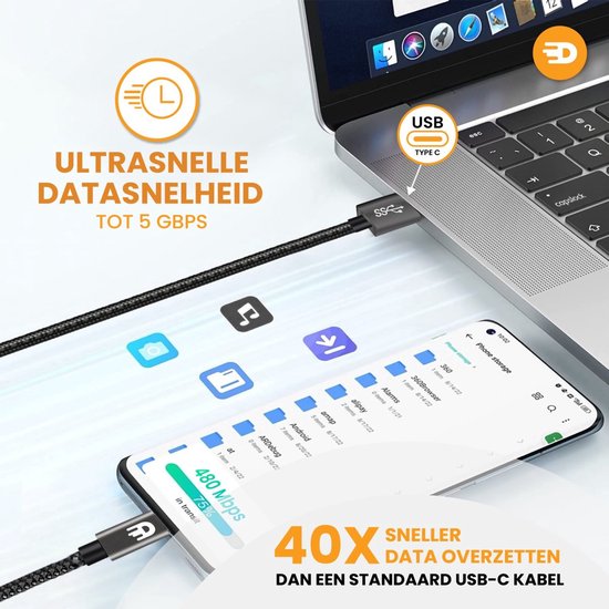 Drivv. USB naar USB C Kabel - Snellader - USB C Data en Oplaadkabel - Kort - 1 Meter - Geschikt voor Samsung, iPhone 15 & Meer - Modern Grey