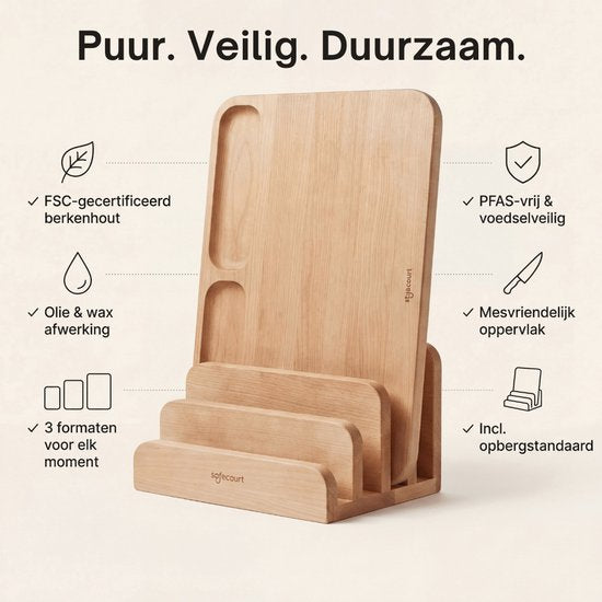 Safecourt Kitchen 3 delige houten snijplanken set [100% vrij van microplastics] - inclusief opbergstand - FSC gecertificeerd berkenhout