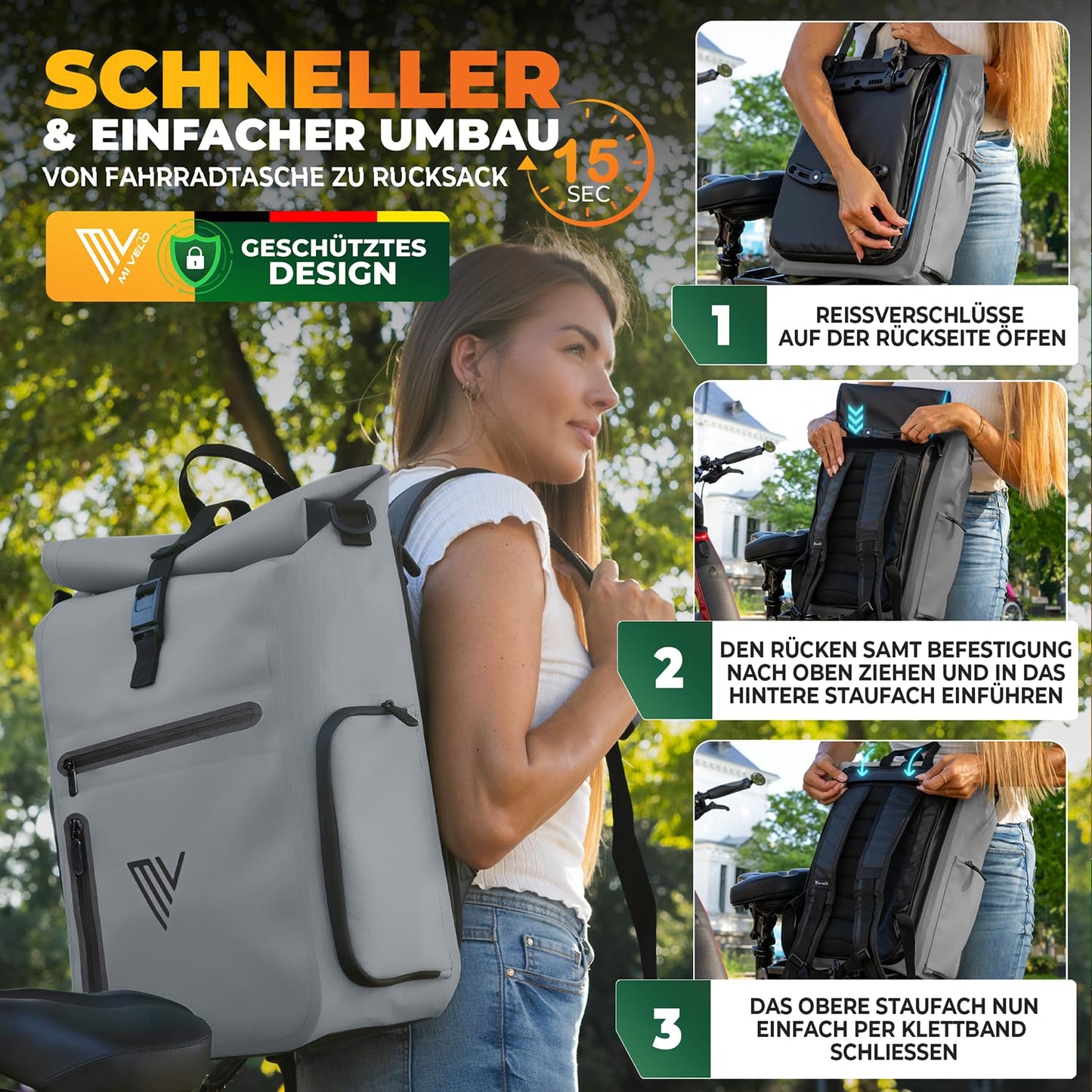 MIVELO EVO 25L 3 in 1 fietstas voor bagagedrager - rugzak en schoudertas - 100% waterdicht en volledig reflecterend