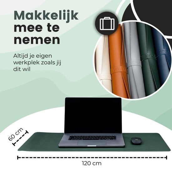 WURK Professionele Bureau Onderlegger Kunstleer Bureau Organizer Bureau Accessoires Inclusief Kabel Clip Muismat XXL - 120x60 Groen