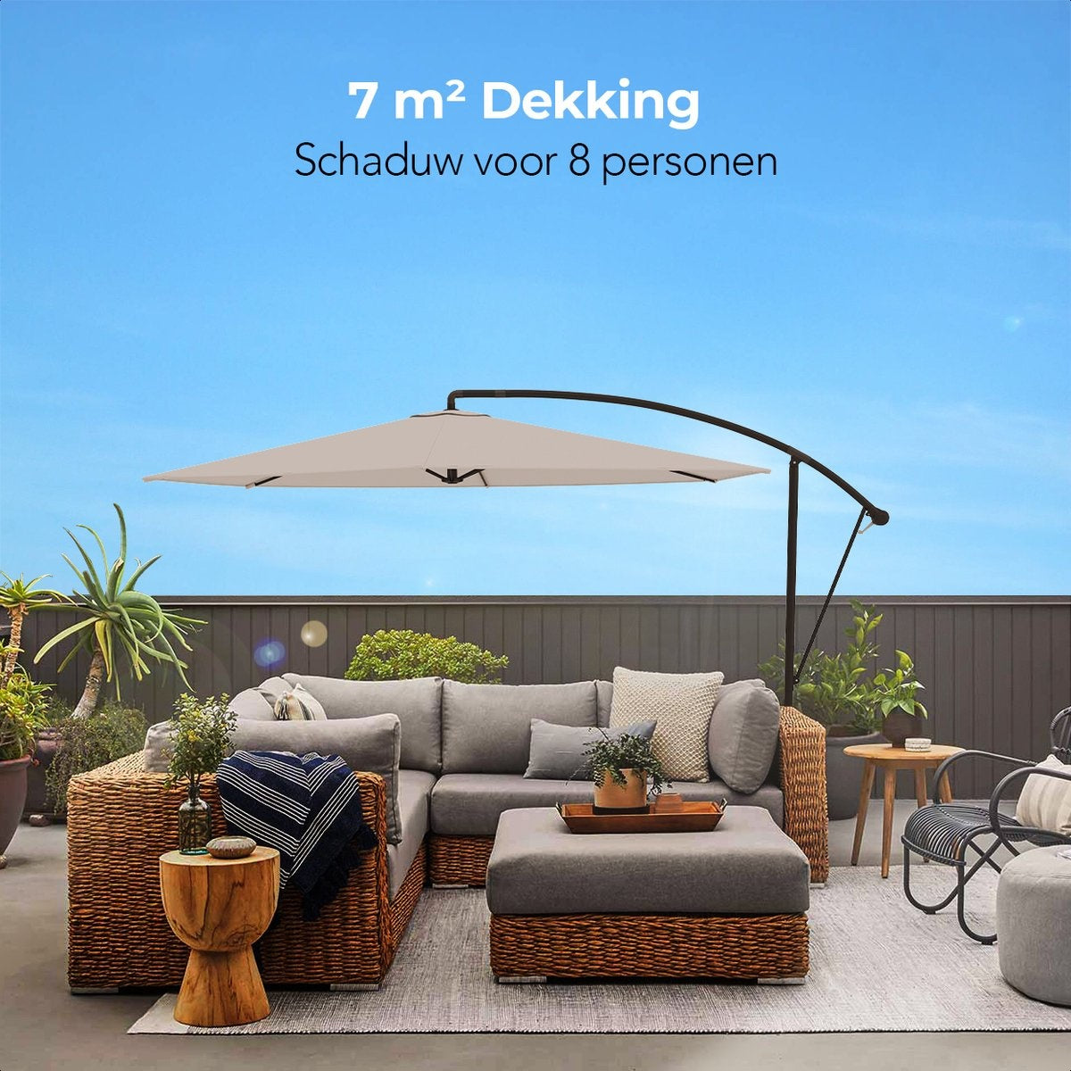 LifeGoods Zweefparasol - tot 8 Personen - Ø300cm - Waterdicht - met Hoes en Kruisvoet - Tuin of Strand - Crème
