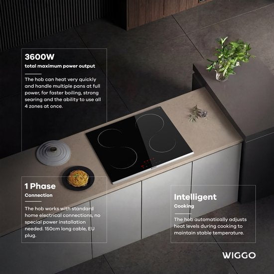 Wiggo WH-E614G(B) - Inbouw Inductiekookplaat - 60 cm - 4 kookzones - Slider bediening - 1 Fase Geen stekker - 5 jaar garantie - Zwart