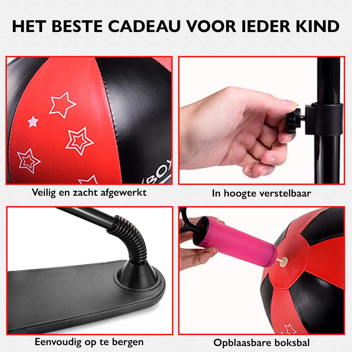 Zoluko Boksbal op Voet voor Kinderen - Incl. Bokshandschoenen en Opblaaspompje - Verstelbaar in Hoogte - Voor Binnen en Buiten - Boksbal op Standaard - Bokstrainer – Bokspaal - Boksset Kinderen - Boksbal Staand - Boxing - Thuis sporten - Zwart/Rood