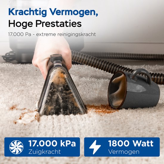 Qclean® Tapijtreiniger GO+ 1800W - All-in-1 Stoomreiniger & Vlekkenreiniger - Voor Tapijt, Meubels, Keuken & Badkamer - Zelfreinigend - Zetelreiniger - Bank reiniger- Reinigingsmachine - Waterstofzuiger - Incl. Schoonmaakmiddel