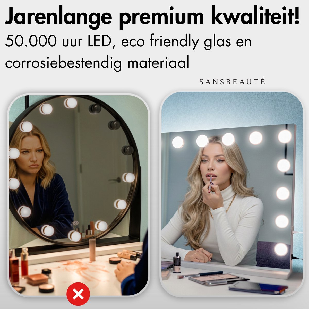 Sansbeauté® Hollywood Spiegel 58x43 cm - Make-up Spiegel - 15 LED Lampen - 10x Vergroting - Dimbaar - USB Oplaadpoort - Touch Control - Bluetooth - Wit