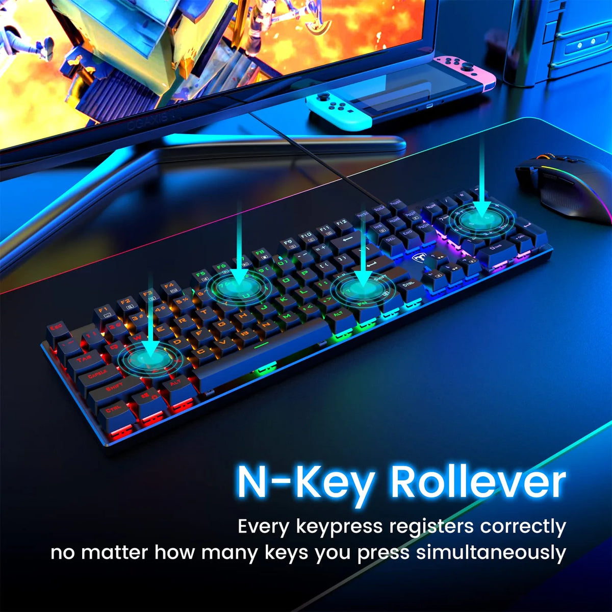 ET Mechanisch Toetsenbord USB Bedraad - 104 Toetsen - Blauwe Switch, RGB, Anti-Ghosting