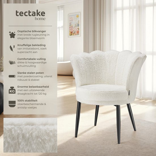 tectake® Fauteuil Stella - Kuipstoel met armleuning – Comfortabele Eetkamerstoel – Keukenstoel – Dikke vulling – Voor woonkamer en eetkamer – Met imitatiebont bekleding - crème/zwart
