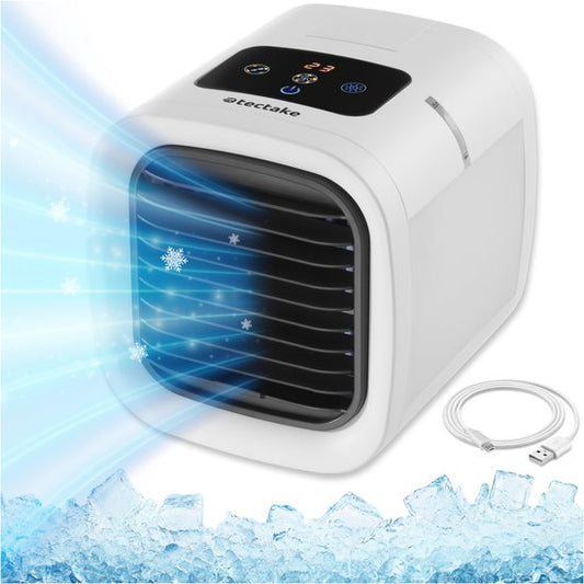 tectake® Aircooler Frosty met LED-Verlichting - 2 Koelstanden - 8W - 3-in-1 Luchtkoeler met Waterreservoir - Zonder Afvoerslang - Inclusief USB-Kabel en Trechter - Mini Airco - Wit