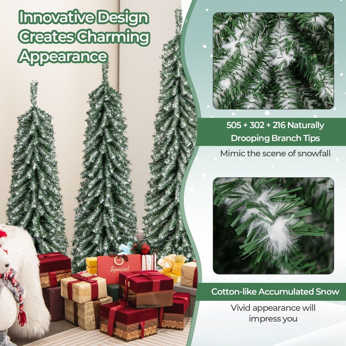 Coast Kunstkerstbomen Set - potloodvorm - met nepsneeuw en LED-verlichting - 120/150/180 cm