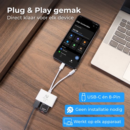 Nuvance SD Kaart Lezer - 3 in 1 - Micro SD Kaart - USB naar USB C - 8-Pin - Geschikt voor alle Telefoons, Tablets & Laptops