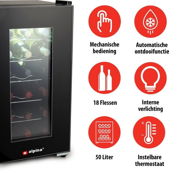 Alpina Wijnklimaatkast - 240V - Tot 22°C - Max. 18 Flessen - 49 x 34.5 x 66cm - Zwart