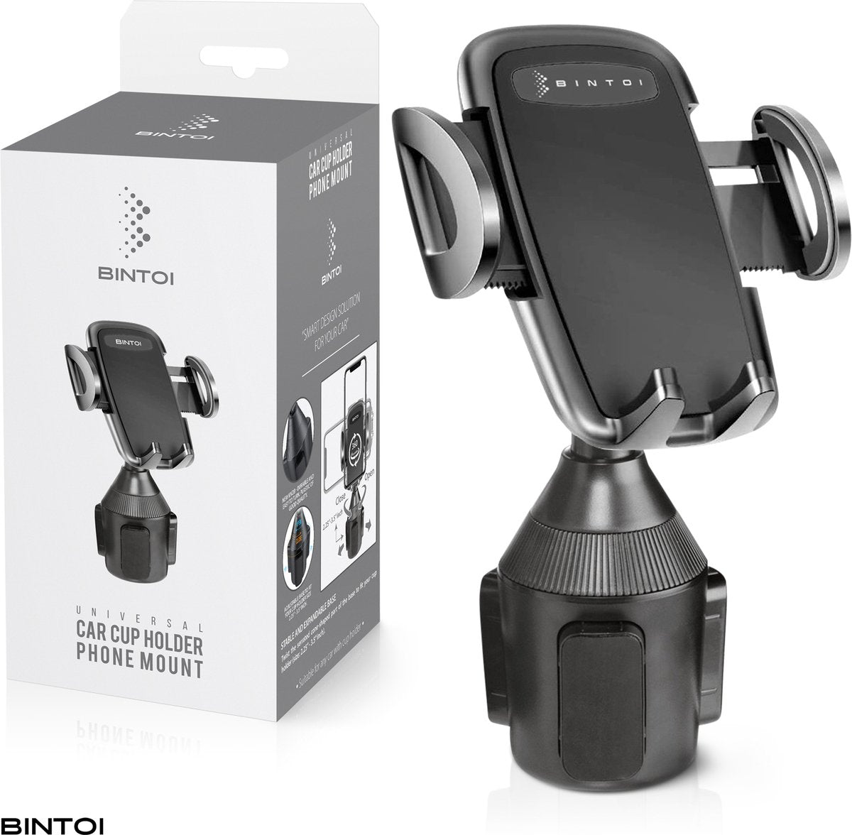 BINTOI Telefoonhouder – Verstelbaar & 360° Draaibaar – Voor Bekerhouder – Zwart