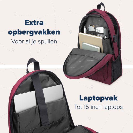 TRVLMORE Rugzak met Levenslange - Rugtas met 15,6 Inch Laptopvak - Schooltas - Spatwaterdicht - Heren en Dames - Jongens en Meisjes - 28L - Burgundy