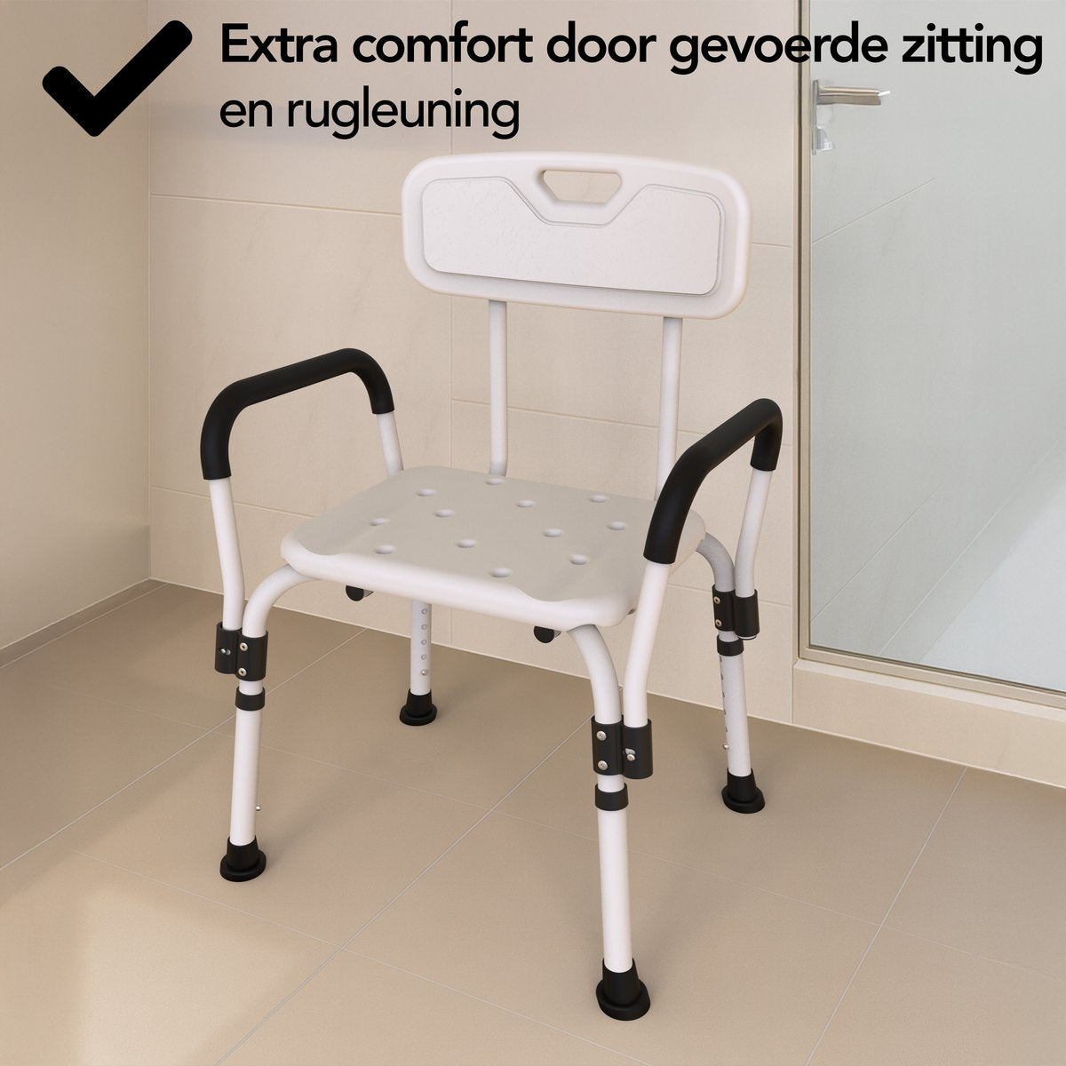 Brixy Douchestoel Wit 72-90 cm - Verstelbare Douchekruk met Afneembare Rug- en Armleuning, Anti-slip en Gevoerde Zitting, Max. 150 kg