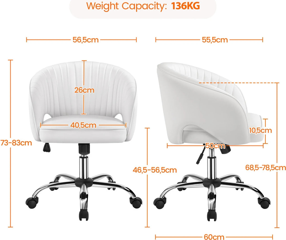 Yaheetech Stijlvolle Bureaustoel met Verticaal Patroon 73-83 cm – Wit – Polyester en Metaal