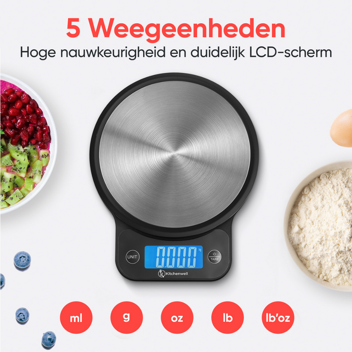 Kitchenwell Keukenweegschaal - Digitaal - 1g-10kg - LCD - Waterbestendig