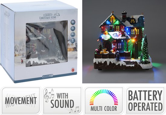 Kerstdorp huis - met beweging, led verlichting en muziek - 25 cm - poliresin