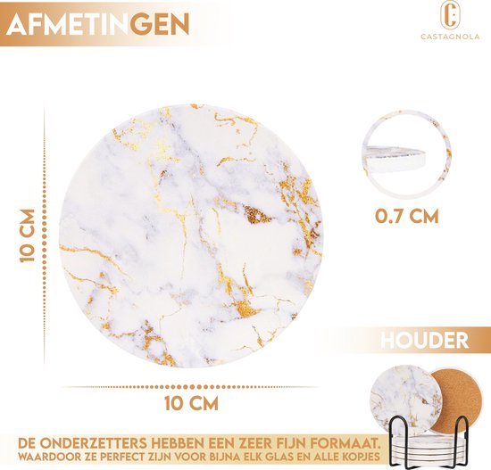 Castagnola Keramische Onderzetters met Houder – Onderzetters voor Glazen – Onderzetters Design – Onderzettersset – Drink Onderzetters – Keramisch – Kurk – Set van 6 – Wit/Goud