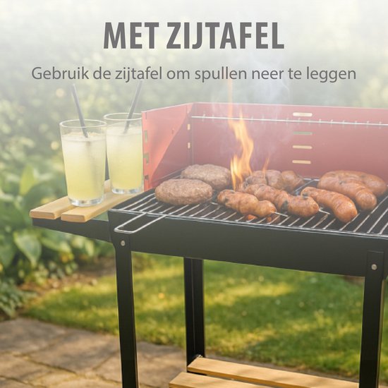 BBQ Collection Barbecue Houtskool - Houtskoolbarbecue met Wielen - Barbeque Verstelbaar Rooster en Windscherm - Barbecue met Zijtafel - Zwart