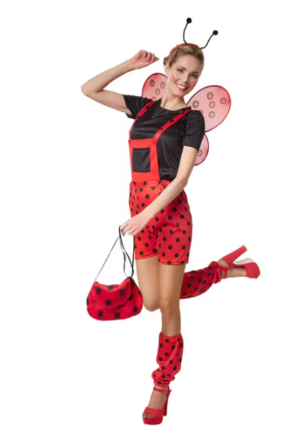 DressForFun – Marina Lieveheersbeestje Kostuum – Maat S – Rood & Zwart Polyester – Gestippelde Tuinbroek & T-shirt – Inclusief Beenwarmers & Haarsieraad – Carnavalskleding voor Dames