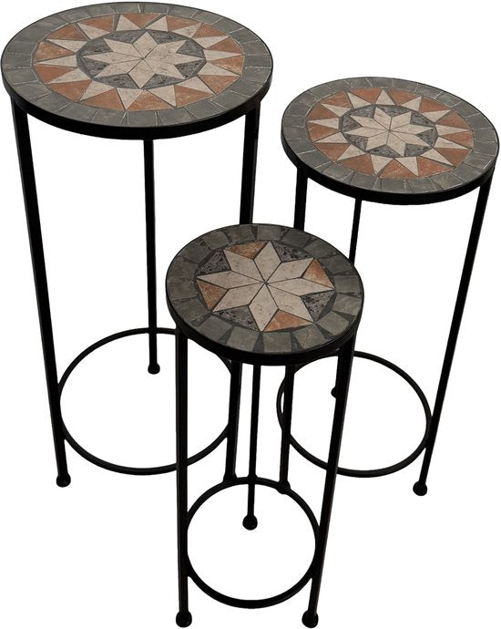 AXI Lola Mozaïek Plantentafel Rond Ster Grijs/bruin - Set 3 stuks – Bijzettafels - Diverse Afmetingen - Mozaïeklook – Ingelegd met keramische tegels – Voor binnen, tuin, terras en balkon