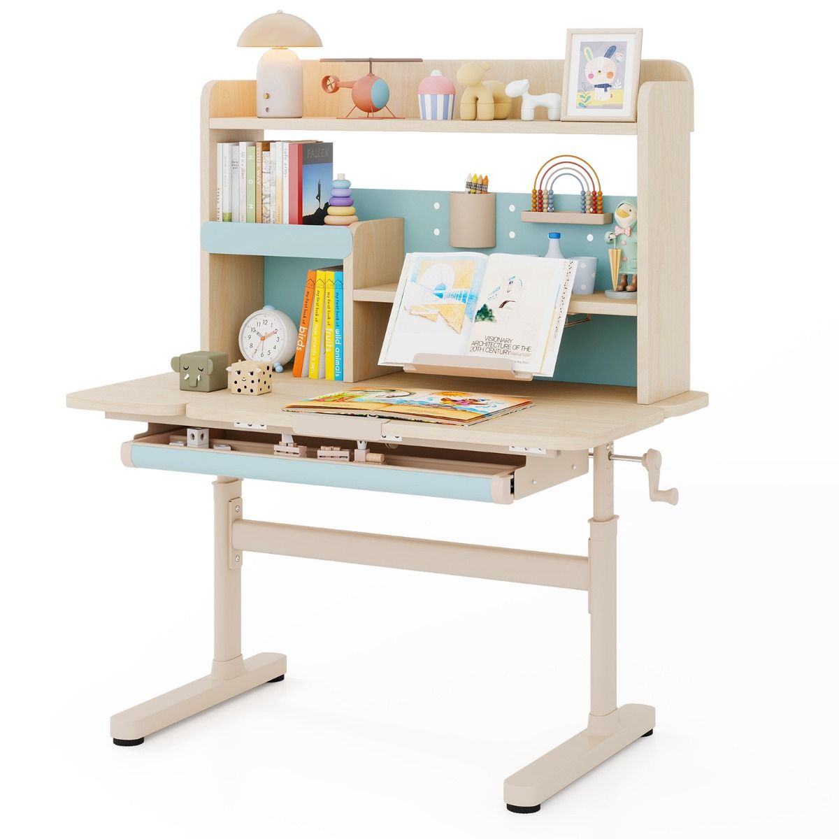 coast Kindertafel - Hoogte Verstelbaar 52-74 cm - Kantelbaar Bureaublad 0°-60° - Lade & Rek - Blauw - 100 x 60 x 111-135 cm