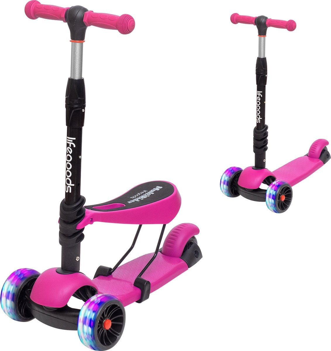LifeGoods MultiRider Kinderstep - Step 3-8 Jaar - Verstelbaar Zitje - Lichtgevende Wielen - Jongens/Meisjes - Roze