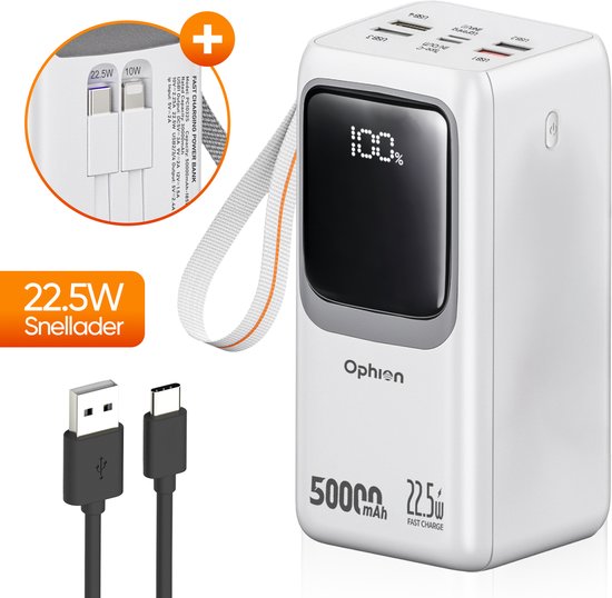 Ophion® Powerbank PRO 50.000 mAh – 7 Oplaadpoorten – Quick charge - Snellader 22.5 W voor USB-C, USB-A, Micro-USB - Inclusief Kabel – Noodpakket - Wit