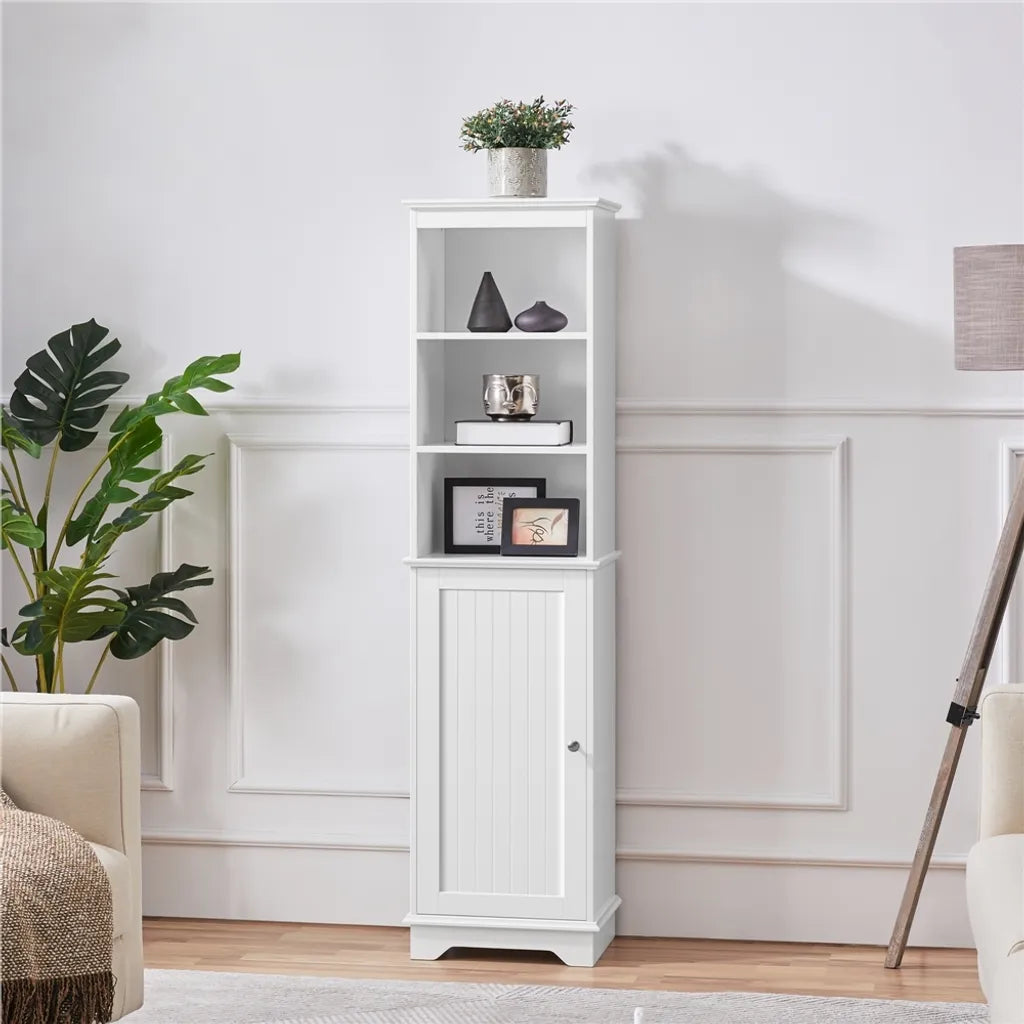 Yaheetech Badkamerkast 40 x 30 x 153 cm - Wit - Hoge Opbergkast met 3 Open Planken en Verstelbare Legplank