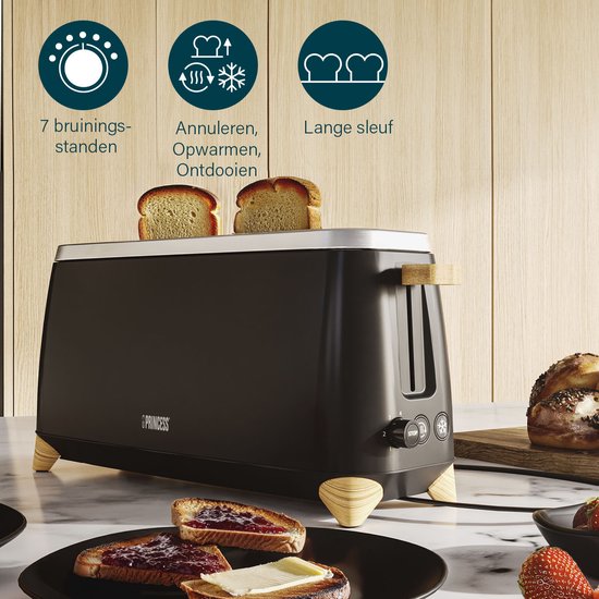Princess 142361 Broodrooster Pure - 6 bruiningsstanden - 1000W - bamboe - zwart